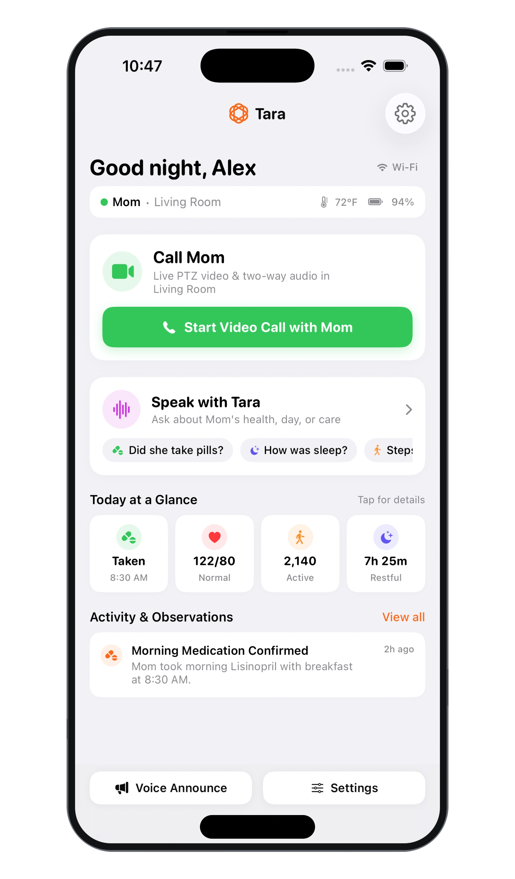 Sevah Caregiver App Dashboard showing active Tara device and daily check-ins
