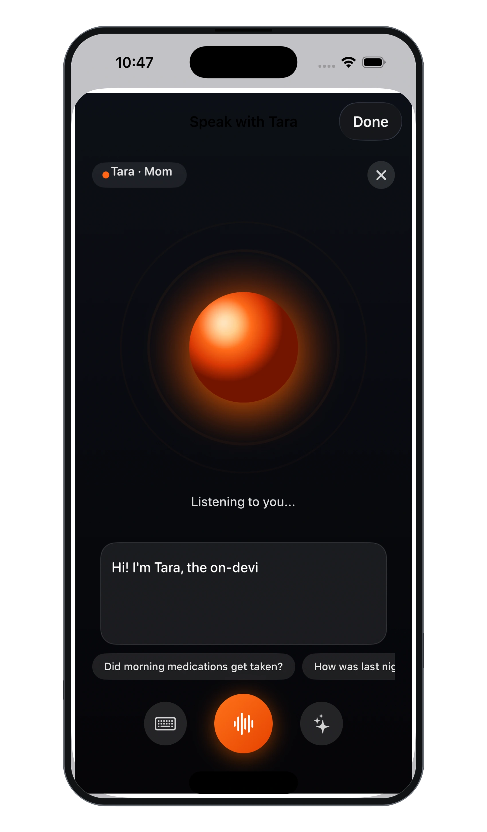 Sevah Caregiver App Chat with Tara showing daily conversation insights